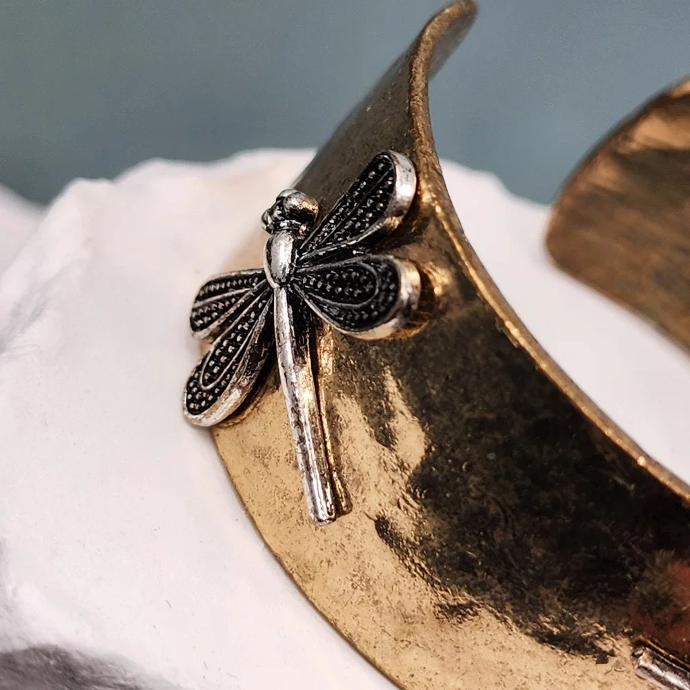 Antiqued Gold Tone Wide Cuff Bracelet Silver Tone Dragonfly Motif Boho Statement